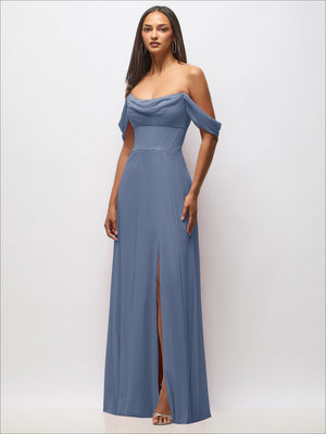 Blue chiffon corset maxi dress with removable off-the-shoulder swags and front slit