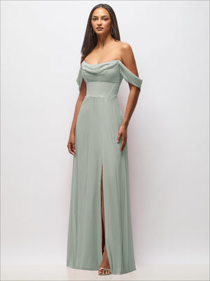 Seafoam chiffon corset maxi dress with removable off-the-shoulder swags, front view