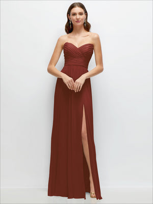 Deep burgundy strapless pleated chiffon maxi dress with ruched sweetheart bodice and side slit