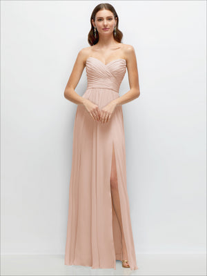 Dusty rose strapless pleated chiffon maxi dress with ruched surplice bodice and slit