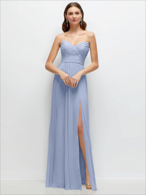 Powder blue strapless pleated chiffon maxi dress with side slit
