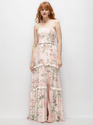 Strapless chiffon maxi dress, blush floral print, tiered micro-ruffle full skirt (front)