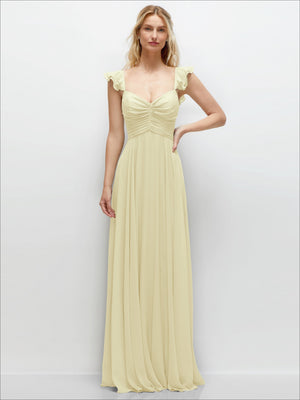 Convertible ruffle strap chiffon maxi dress, pale yellow ruched bodice
