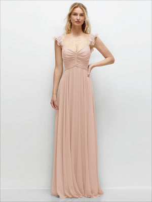 Blush chiffon maxi dress with ruched bust and off-shoulder ruffle sleeves