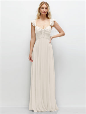 Ivory chiffon maxi dress with gathered bodice, off-shoulder ruffle sleeves, full circle skirt