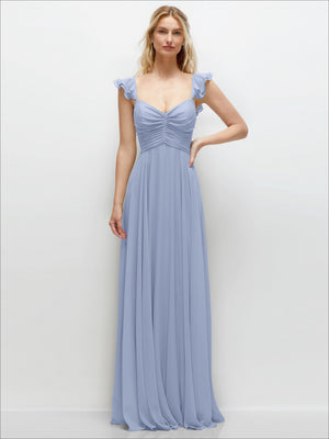Periwinkle blue chiffon maxi dress with convertible ruffle straps and draped bodice