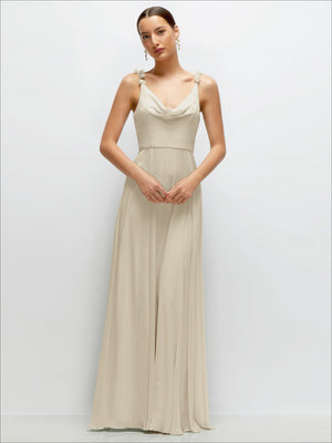Cream cowl-neck chiffon maxi dress with draped cowl neckline and slim straps