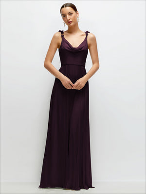 Plum cowl-neck chiffon maxi dress with draped cowl neckline and petal strap accents