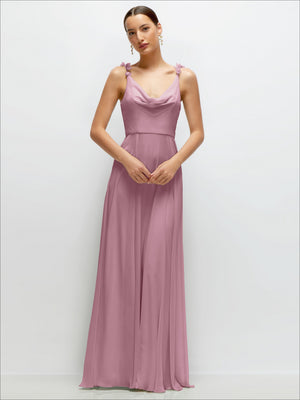 Pink chiffon cowl-neck maxi dress with hand-worked petal straps, fitted bodice