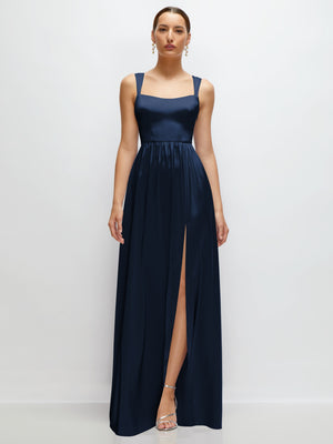 Midnight navy satin maxi dress with portrait neckline, thin straps, and full skirt
