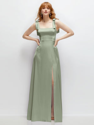 Sage green square-neck satin maxi dress with bow straps and side slit