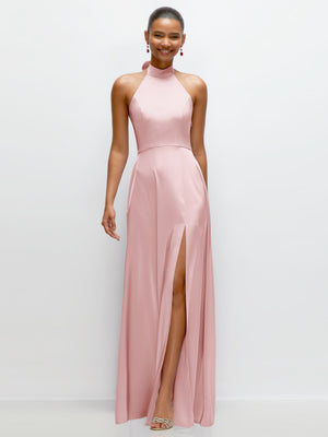 Ballet pink satin halter maxi dress with open back and front thigh slit