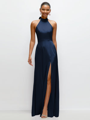 Midnight navy satin halter maxi dress with open back and front thigh slit