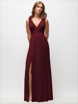 Burgundy sleeveless draped chiffon maxi dress with V-neck and front slit