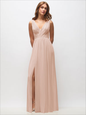 Blush sleeveless draped chiffon maxi dress with front slit and gathered waist