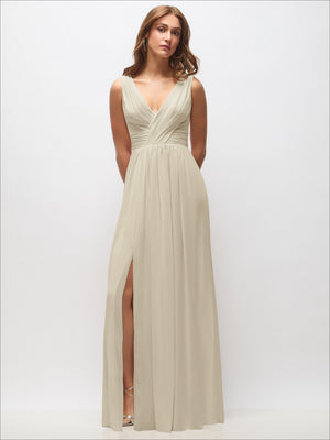 Sleeveless draped chiffon maxi dress in ivory with V-neck and front slit