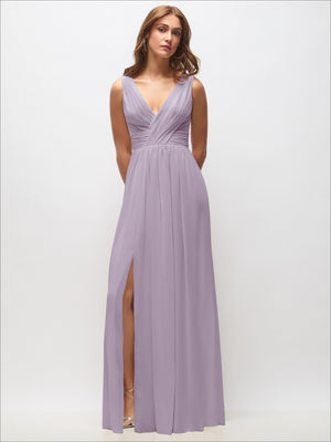 Sleeveless draped chiffon maxi dress in lavender with front slit
