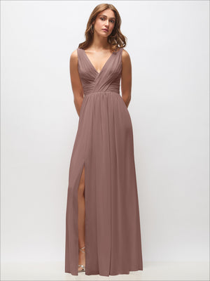 Sleeveless draped chiffon maxi dress in mauve with ruched V-neck and front slit