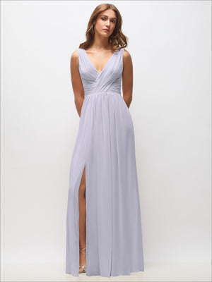 Sleeveless chiffon maxi dress in periwinkle blue, draped V-neck, front slit