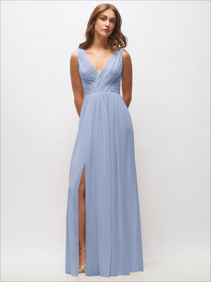 Light blue sleeveless draped chiffon maxi dress with front slit and V-neck