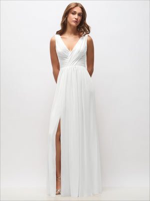Sleeveless chiffon maxi dress in ivory, draped surplice bodice, front slit