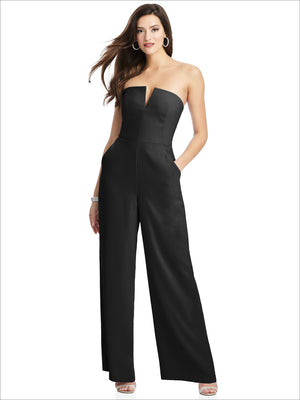 Black strapless notch crepe jumpsuit with pockets and wide-leg pants
