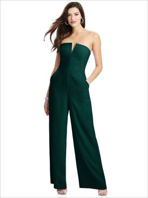 Strapless crepe jumpsuit with notched neckline, dark green wide-leg silhouette