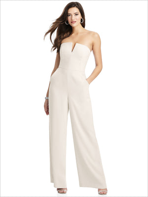 Cream strapless notch crepe jumpsuit with pockets and wide-leg pants