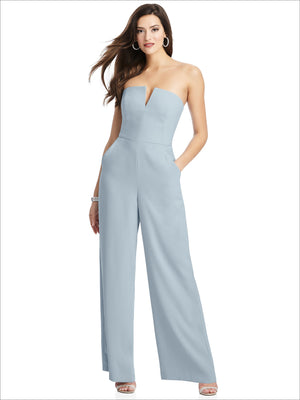 Strapless crepe jumpsuit with notch bodice and pockets, light blue, wide-leg front view