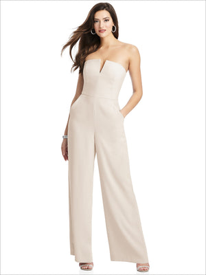 Ivory strapless notch crepe jumpsuit with pockets and wide-leg pants