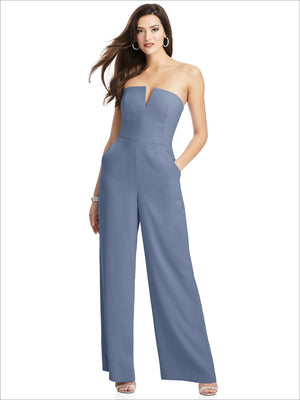 Strapless notch crepe jumpsuit in blue with pockets and wide-leg pants
