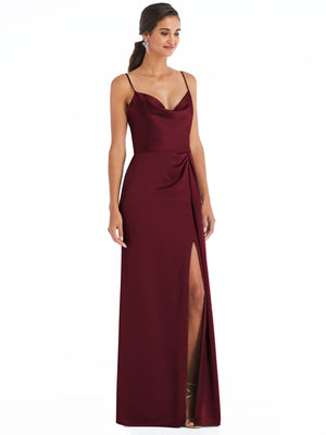 Cowl-neck draped maxi dress in burgundy satin with spaghetti straps and front slit