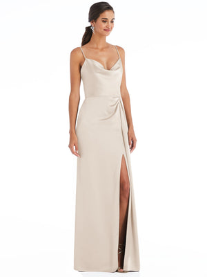 Ivory cowl-neck draped wrap maxi dress with front slit, spaghetti straps