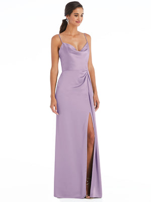 Cowl-neck draped wrap maxi dress with front slit, lavender spaghetti straps