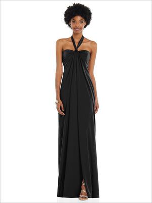 Draped satin Grecian column gown, halter neck with gathered knot, black