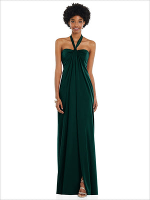 Dark green satin column gown with halter-style convertible straps and neckline bow