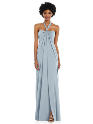 Light blue draped satin column gown with halter tie at neckline