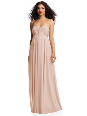 Blush strapless empire waist maxi dress with draped bust and soft flowing skirt.