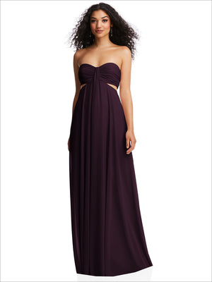 Plum strapless empire waist maxi dress with sweetheart neckline and gathered bodice.