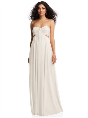 Ivory strapless empire-waist maxi dress with ruched bow-style drape and gathered waist