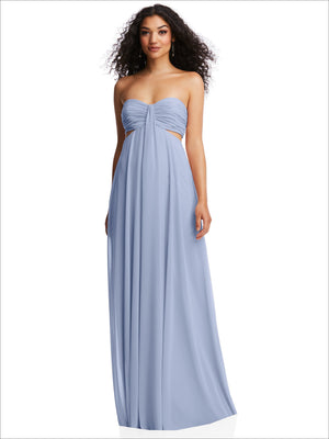 Powder blue strapless maxi dress with ruched bandeau and empire waist seam