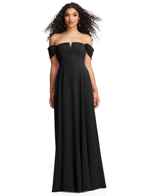 Off-shoulder pleated A-line maxi dress, black with cap sleeves