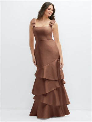 Satin maxi dress with bow shoulders and asymmetrical tiered skirt, dark brown