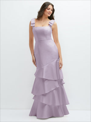 Lavender satin maxi dress with bow-shoulders and asymmetrical tiered ruffle skirt