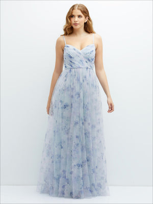 Light blue floral tulle dress, ruched wrap bodice, spaghetti straps, full long skirt
