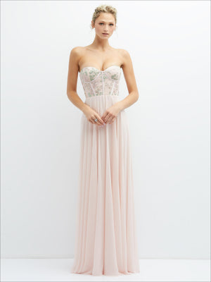 Blush strapless corset maxi dress with floral embroidery and chiffon skirt