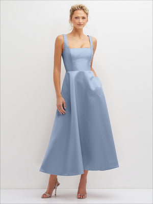 Light blue satin midi dress with square neckline, fitted bodice, and flared skirt