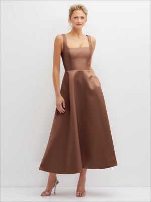 Square-neck satin midi dress with full skirt, sleeveless, dark brown