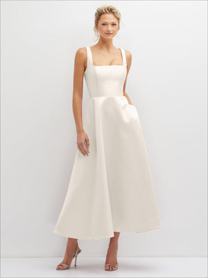 Square-neck satin midi dress with full skirt, sleeveless, white satin