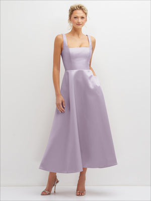 Lavender square-neck satin midi dress with sleeveless bodice and flared skirt